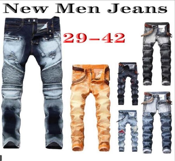 

men039s jeans 2021 mens designer slim skinny moto biker casual straight holes men destroyed denim pants more styles no belts2269340, Blue