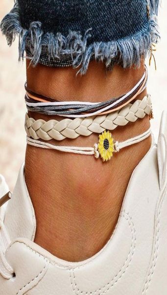 

3pcsset lovely braided rope small daisy alloy charm pendant anklets geometric metal flower bracelets weaving plait anklet men wom2183552, Red;blue