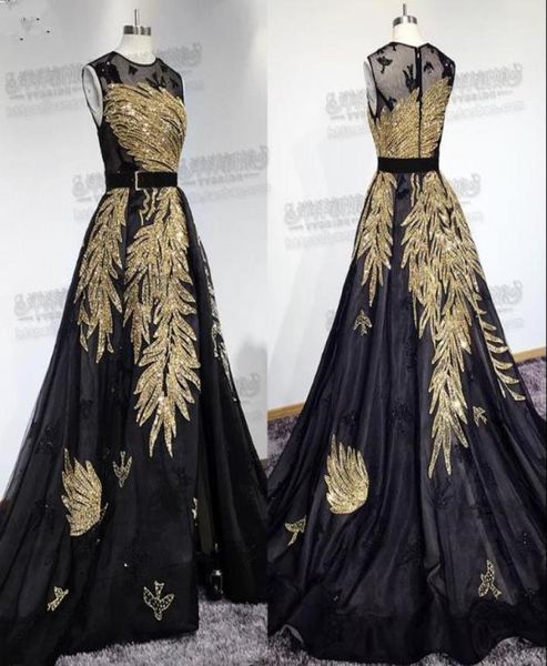 

elegant elie saab prom dresses 2019 jewel neck sleeveless gold sequined formal evening gowns sweep train beaded pageant party dres5971779, Black