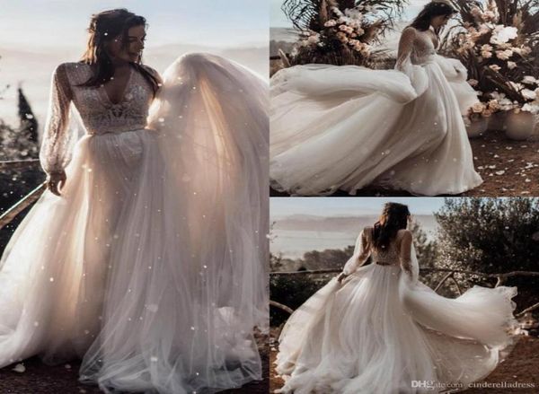 

romantic new lace two piece beach wedding dresses deep vneck long sleeves boho wedding dresses bridal gowns vestidos de nov7538773, White