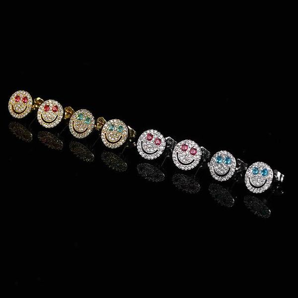 

hip hop rapper men women stud earrings jewelry gold silver full diamond shiny earring zircon smile face crown stud earrings night club jewel, Golden