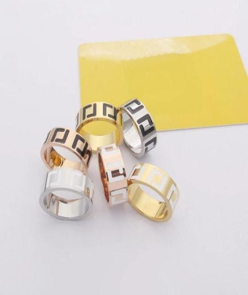 

europe america designer rings fashion style lady women titanium steel engraved f letter with black white enamel 18k gold wide ring5642854, Slivery;golden