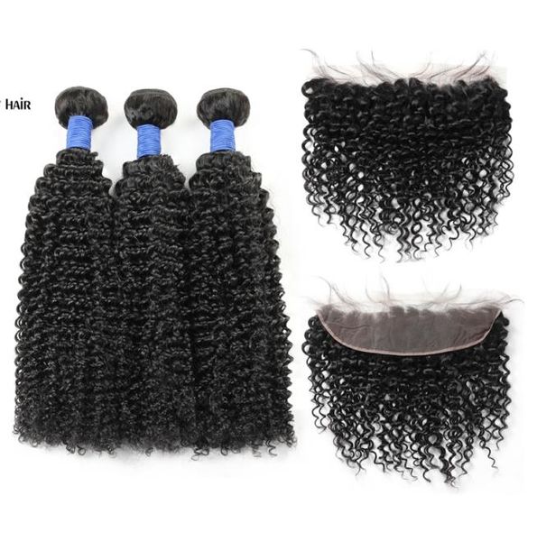 

brazilian peruvian malaysian indian virgin hair kinky curly 3 bundles with 13x4 lace frontal closure 10a grade human hair extensio8190033, Black