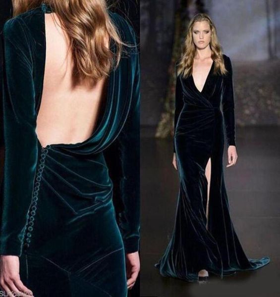 

elie saab dark green velvet split evening dresses so deep vneck backless long sleeve sheath occasion formal party dress7560019, Black;red