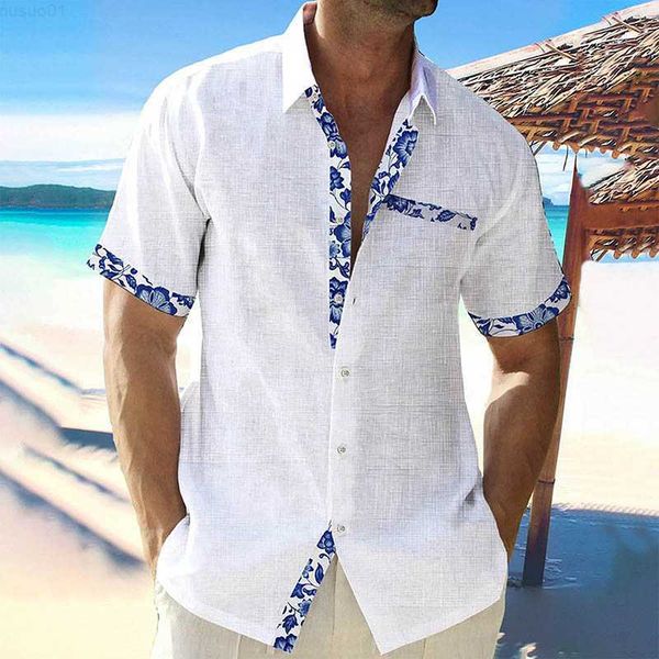 

men's casual shirts beach style print patchwork cotton linen shirt men casual loose short sleeve summer shirts clothes mens button lape, White;black