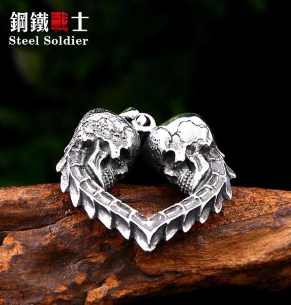 

steel soldier double skull heart design punk biker pendant stainless steel necklace chain trendy jewelry250g4273524, Silver