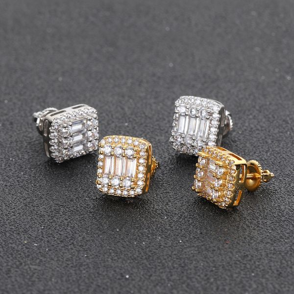 

hip hop rapper men women stud earrings jewelry gold silver full diamond square zircon earrings night club jewelry accessories 1453, Golden