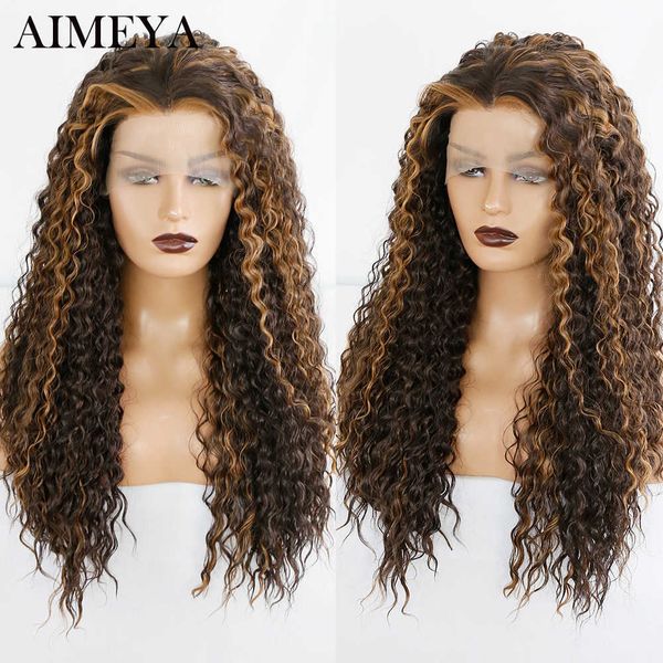 

nxy highlight blonde curly wigs for black women synthetic hair lace front wig natural hairline mix blonded glueless lace wig 230524, Black;brown