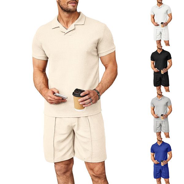 

men's tracksuits clothes for men sweat shirt sweatpants male set summer waffle v neck polo shirt lapel short sleeve t shirt men's, Gray