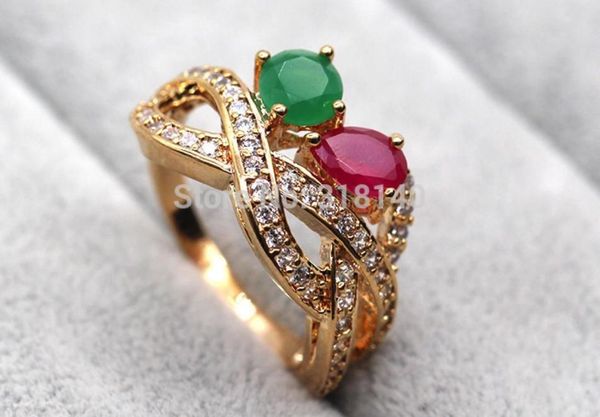 

h1a18 green red 100 natural emerald ruby 14k yellow solid gold ring96409718316571, Golden;silver