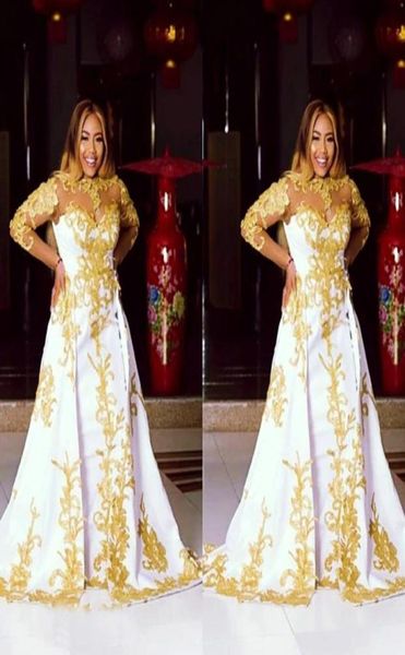 

aso ebi style white prom dresses with gold applique o neck long sleeve satin mermaid evening dress detachable train formal gowns5022508, Black