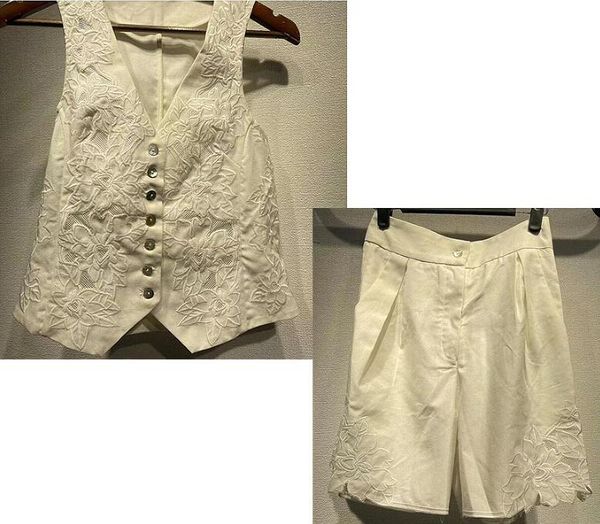 

women lace hollowed out embroidery vest high waisted shorts suit linen, White