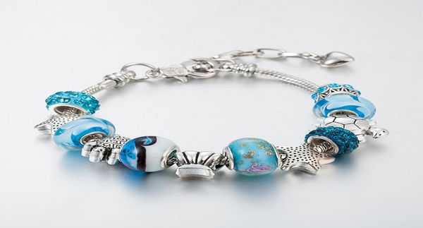 

ocean series blue crystal glass bead beach bracelet starfish shell sea turtles bracelets for women girls souvenir8226285, Golden;silver