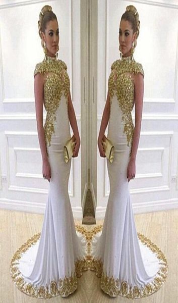 

white mermaid long unique prom dresses 2019 satin appliques beaded high neck zipperup court train vestidos de noche9918255, Black