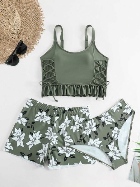 

women's 3pack floral print lace up front ruffle bikini swimsuit, White;black