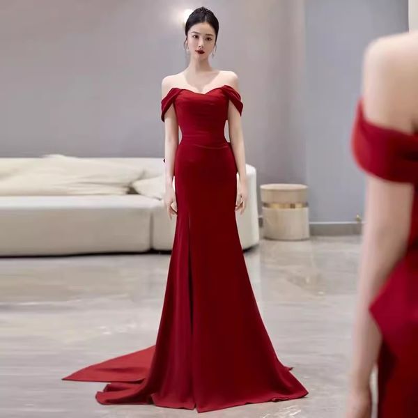 

mermaid evening dress off the shoulder lace-up back sweep long train prom gowns, Black;red