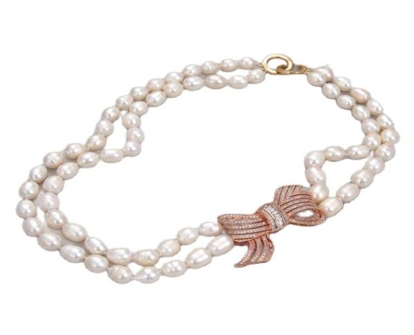 

guaiguai jewelry 2 strands white rice pearl cz pendant necklace handmade for women real gems stone lady fashion jewellery3798331, Silver