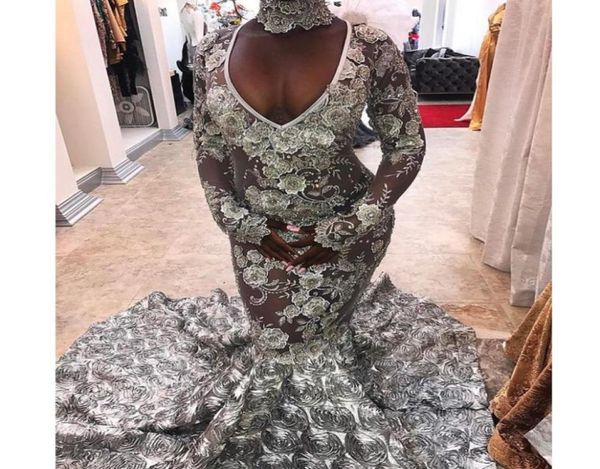 

ravishing 3d floral train prom dresses vneck beads lace applique 2k18 black girl party dress see through long sleeves mermaid pro6946481