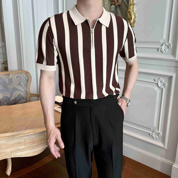 

men's t-shirts summer knitting polo shirt men casual short sleeve turn-down collar zipper vintage stripe slim ice silk knitwear t-shir, White;black