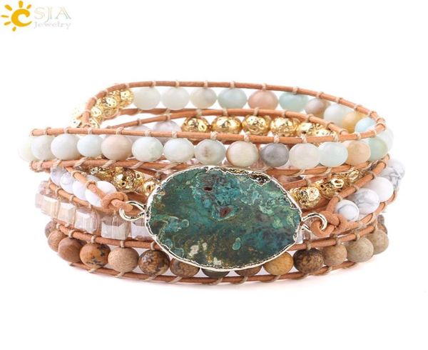 

csja women wrap bracelets natural gemstone beads ocean agate charms gold beaded jewelry 5 strand girl friendship boho bracelet dro2293761, Golden;silver