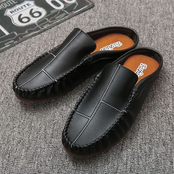 

dress shoes summer fashion pu leather casual mules for men male slip on breathable comfy half loafer slippers handsewn leisure sandals 23071, Black