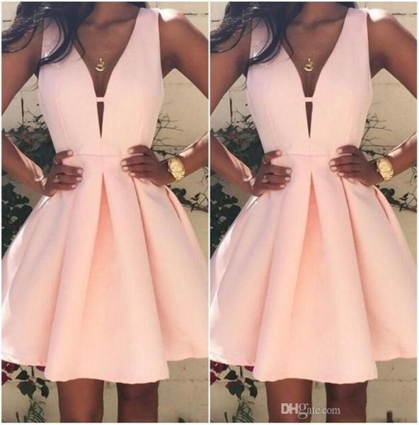 

2017 pink short cocktail dresses v neck backless stain mini stain ruffles prom party dress custom made special occasion g7431600, Black