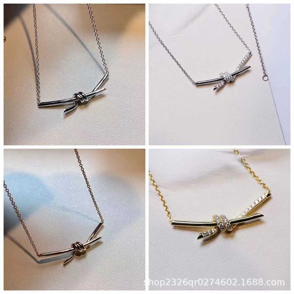 

designer new high version t-knot knot necklace women's new rope bow pendant gu ailing's same diamond encrusted collarbone chain, Silver