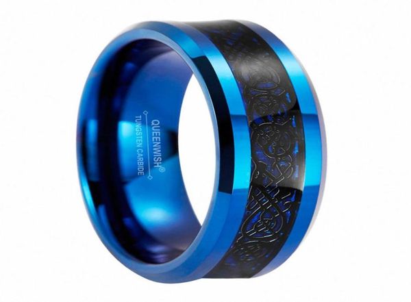 

queenwish 8mm blue tungsten carbide ring black celtic dragon inlay mens ring jewelry wedding bands promise rings for men fashion j9460146, Slivery;golden