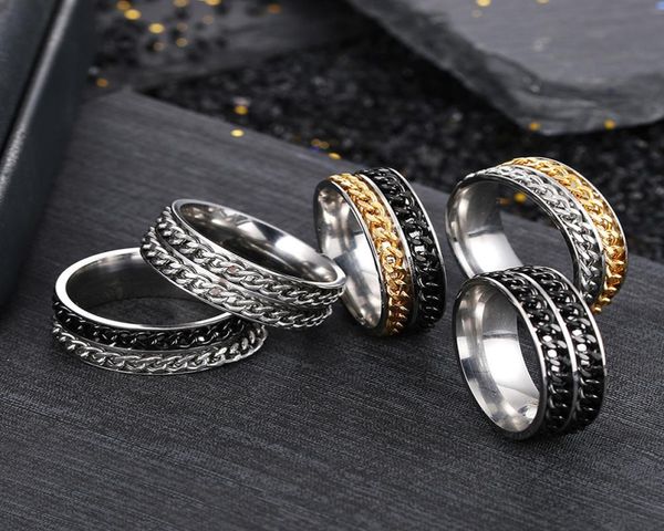 

double rotatable chains rings for men 8mm stainless steel spin band ring hip hop fashion jewelry maxi statement2440019, Silver