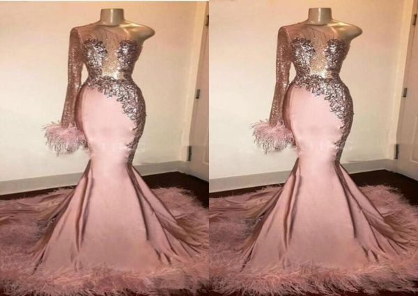 

glitter sequin long sleeve mermaid pink black girl prom dress with feathers train one shoulder african formal evening gowns3255780