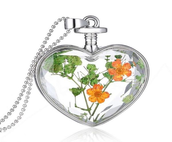 

fashion glass collares green dry flower crystal glass heart pendant necklace silver long chain necklace fine jewerly for women2554621