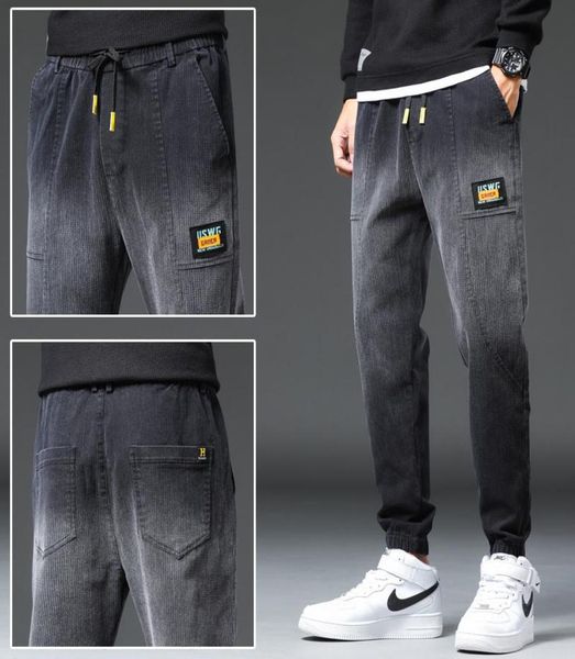 

men039s jeans jogger pants men black gray elastic waist harem casual patches 2022 autumn denim trousers relaxed joggers manmen1106143, Blue