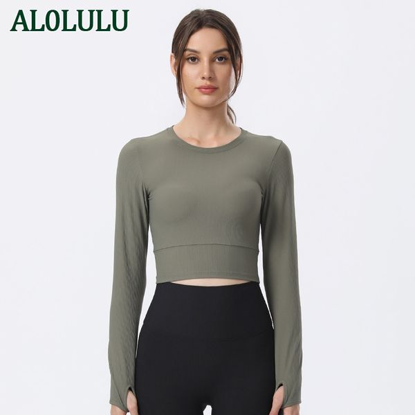 

al0lulu women ribbed yoga clothes long-sleeved slim slimming sports running t-shirt women's fitness clothes