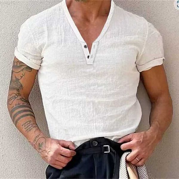 

men's t-shirts 2023 summer men's v-neck cotton t shirt solid short sleeve sports cotton sweat-absorbing tee casual slim fit tshir, White;black