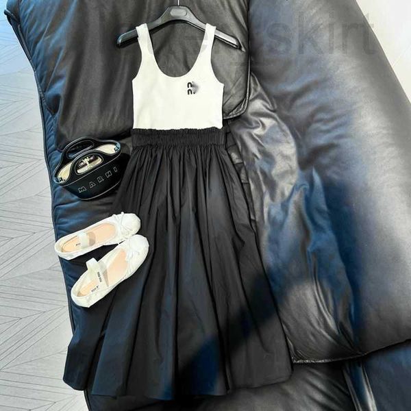 

basic & casual dresses designer miu miao family letter embroidery pleated high waist tank dress women's summer mid length splice fake t, Black;gray