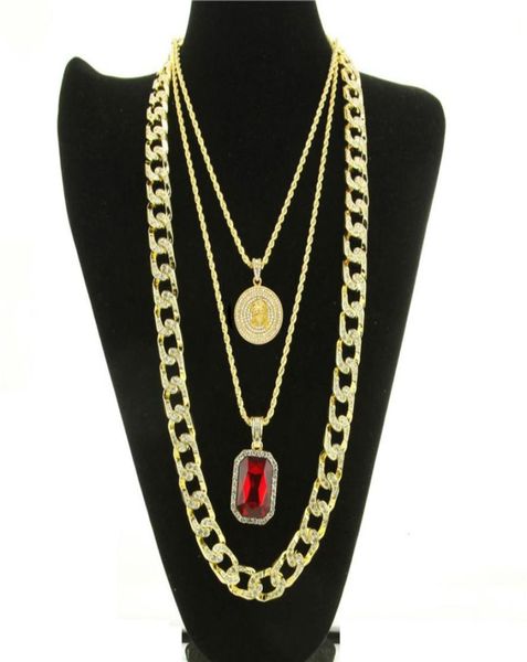 

iced out gold plated miami cuban link red ruby chain combo 3 necklace set men fashion hip hop simulated diamond punk necklace8907893, Silver