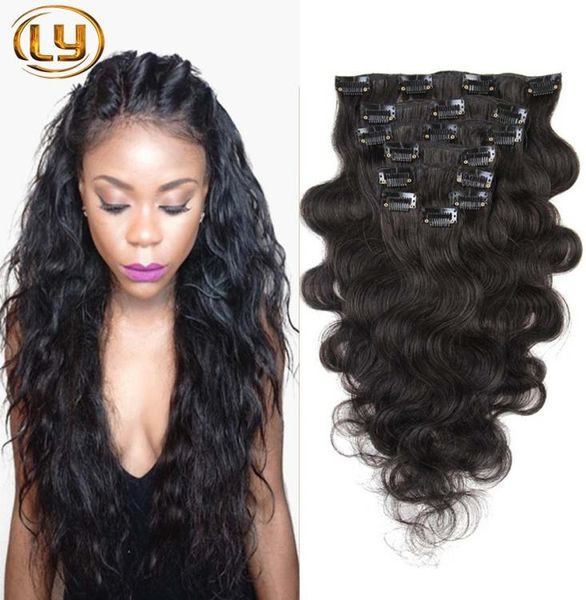 

7a grade 100 body wave clip in human hair extensions brazilian human hair clip in extensions 2sets for full head2072110, Black;brown