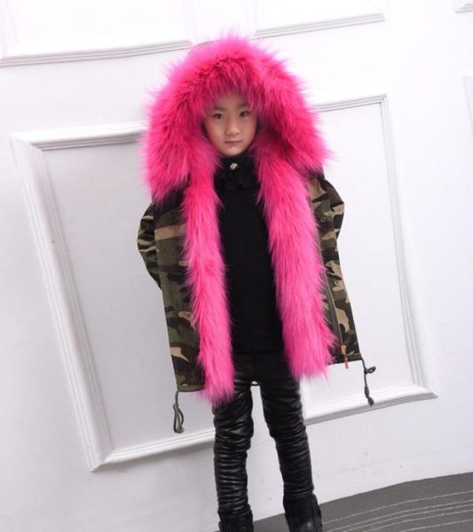 

girls camouflage coat winter children faux fur collar hooded long sleeve princess outwear kids faux fur thicken warm windbreaker a8069939, Blue;gray