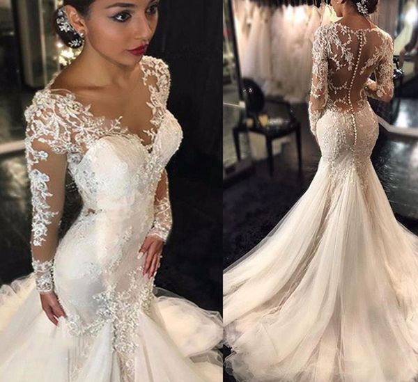 

trumpetmermaid vneck long sleeves lace court train tulle applique lace wedding dresses illusion back back bridal dress with pick1574878, White