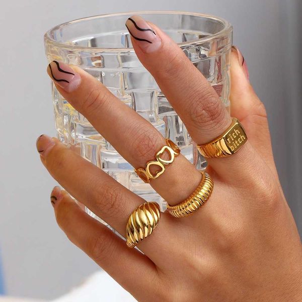 

band rings hollow out heart shape stainless steel gold plated letter ring engagement finger chunky rings sets for all fingers, Silver