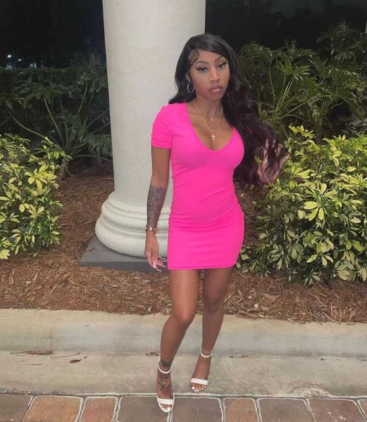 

2023ins fashion summer new solid dark v-neck dress for women, White;black