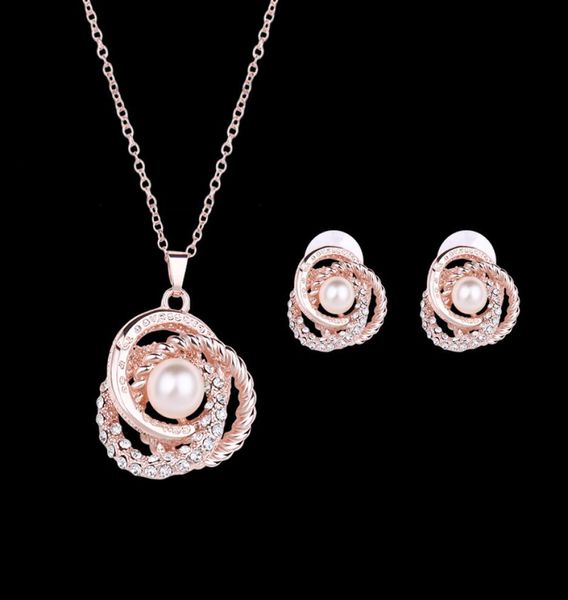 

necklace earrings jewelry set luxury high grade women rhinestone pearl 18k gold plated circles wedding jewelry 2piece set whole6775298, Silver