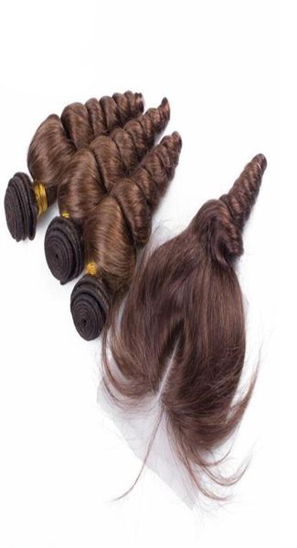 

brazilian loose wave hair weft with closure with baby hair chocolate brown loose wave human hair bundles with lace closure 4pcslo7038069, Black