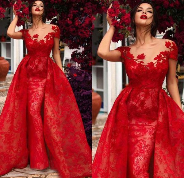 

elegant red mermaid evening dresses with detachable train jewel neck appliqued overskirt lace celebrity prom dress robe de soiree6025089, Black;red