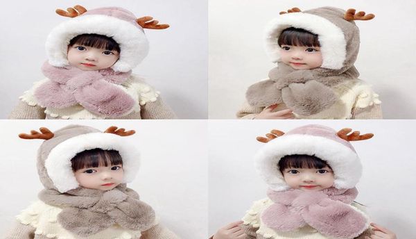 

winter girls antler plush scarf cap warm soft ear muff hat kids baby thick earflap hood wrap m42019634271, Yellow