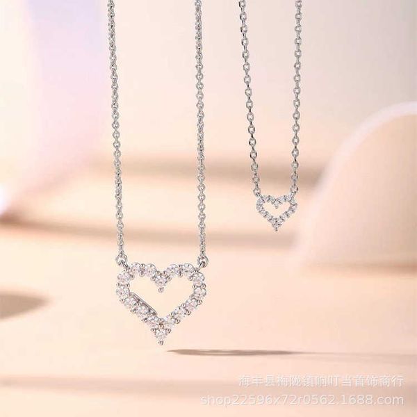 

designer new v gold high edition tiffay love necklace women's new small full diamond heart pendant double hollow collar chain, Silver