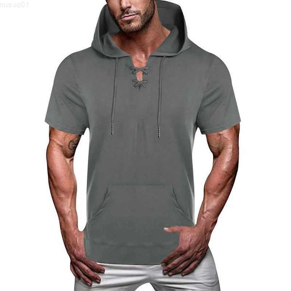 

men's t-shirts fashion simple pure color drstring hooded t shirts men's short sleeve loose casual tee 2023 spring summer leisure m, White;black