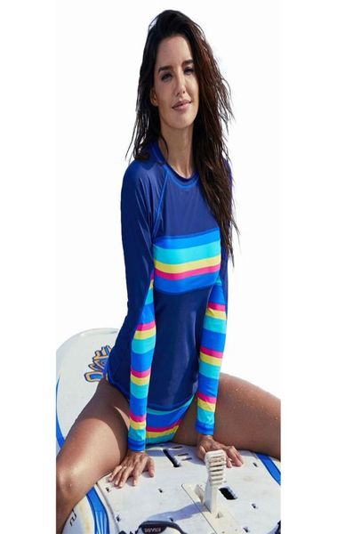 

plus size two piece uv colorblock geometric rainbow stripes long sleeve surfing swimsuit quick dry beachwear with briefs8420694