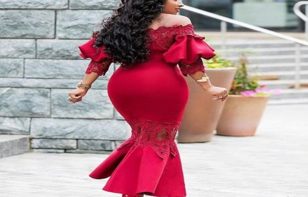 

chic mermaid prom dresses lace appliques off shoulder long sleeves formal party gowns glamorous ankle length cocktail dresses6631683, Black