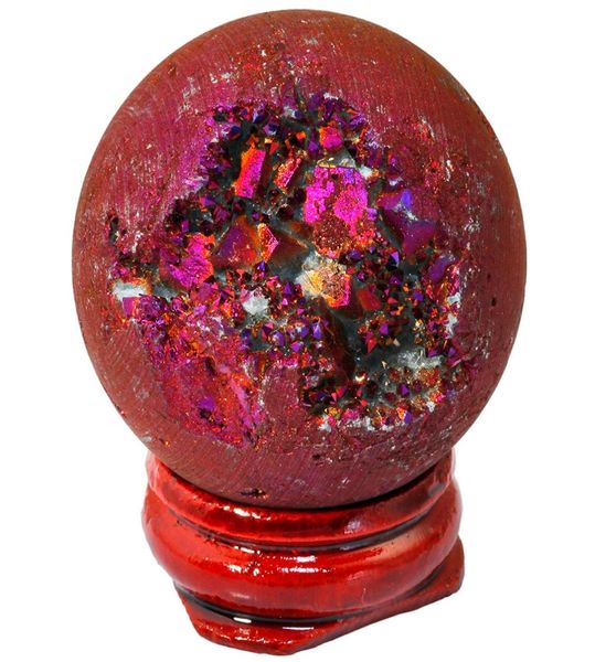 

sunyik purple titanium coated druzy agate geode sphere ball divination reiki healing figurine with wood stand2204011, Black